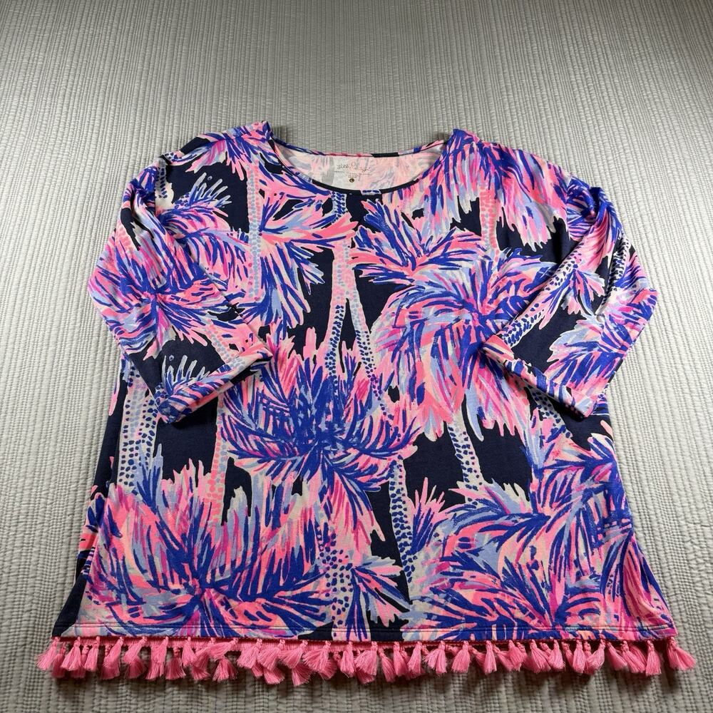 Lilly Pulitzer Top Women’s L Palm Trees Pink Tassel Fringe Resort Wear Vacation